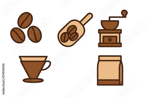 Essential elements for coffee preparation including whole beans, grinder, scoop, filter, and bag