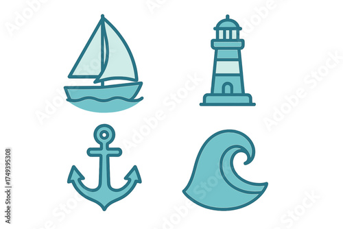 Four blue nautical symbols including sailboat, lighthouse, anchor, and ocean wave