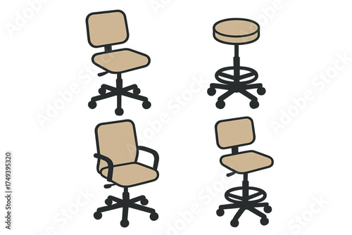 Isometric set of adjustable office chairs, wheeled stools, and seating furniture