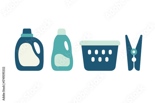 Collection of laundry essentials including detergent bottles clothes basket and clothespin