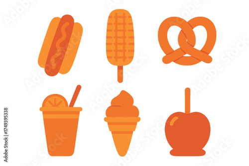 Classic fair and carnival snacks assortment including hot dog, corn dog, pretzel, ice cream, and candied apple