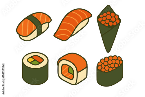 Isometric collection of popular Japanese sushi rolls and seafood delicacies
