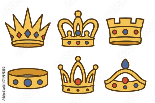 Six distinct golden royal headpieces featuring colorful gems and ornate designs