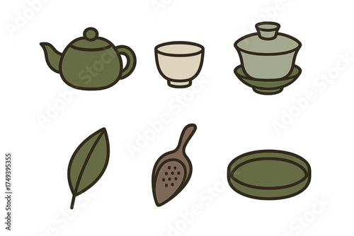 Asian tea ceremony utensils set with teapot, teacup, gaiwan, tea leaf, and scoop