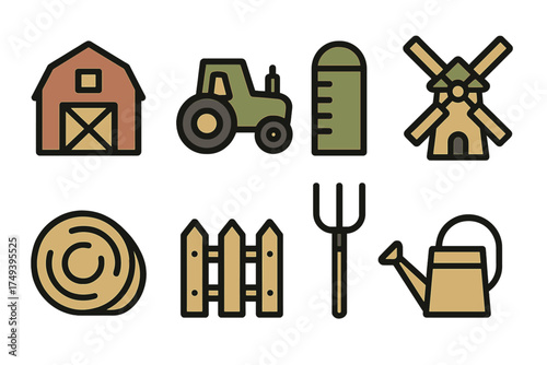 Farming and agriculture elements featuring barn, tractor, windmill, silo, and garden tools
