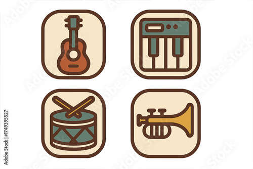 Retro music icons set featuring acoustic guitar synthesizer drum and brass trumpet