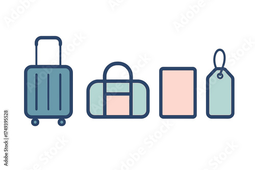 Set of travel and vacation luggage items including suitcase, duffel bag, passport, and identification tag