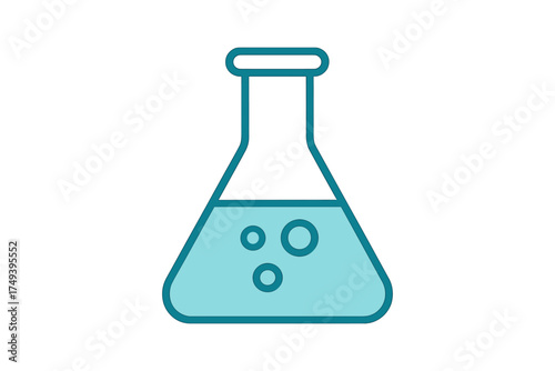 Conical flask with bubbling blue chemical liquid used for scientific experiments
