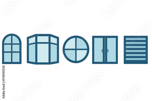 Set of various window designs including arched, bay, circular, and double pane styles
