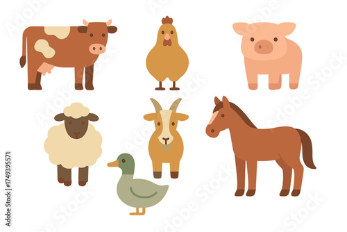 Cute flat design collection of farm animals including cow, chicken, pig, sheep, goat, duck, and horse