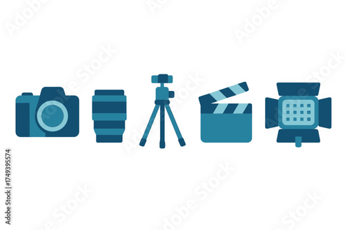 Filmmaking and photography equipment set camera lens tripod clapperboard light