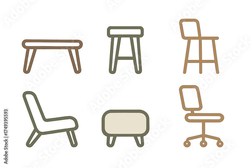 Minimalist collection of modern furniture icons featuring seating, tables, and ottomans