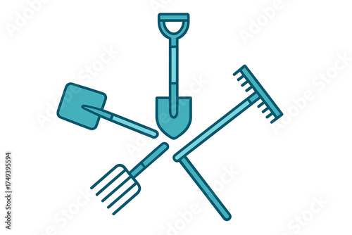 Set of essential gardening and farming tools including shovel, spade, rake, and pitchfork arranged circularly