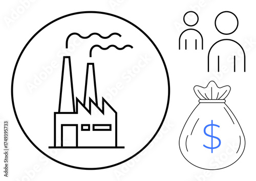 Factory emitting smoke, a dollar bag symbolizing profit, and two human figures linked to production. Ideal for business, economy, finance, industry, workforce investment management. Simple flat