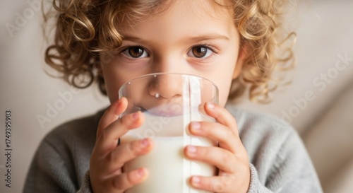 Young child with curly hair drinks refreshing milk from a glass with a straw