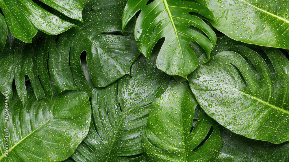 Fototapeta premium Lush green leaves with dew droplets create vibrant tropical atmosphere
