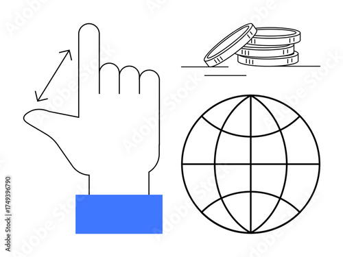 Open hand measuring gesture next to stacked coins symbolizing finance and global sphere imagery representing worldwide perspectives. Ideal for economy, measurement, globalization, finance, budgeting