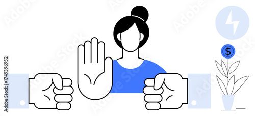 Woman raising hand in a stop gesture between two fists symbolizes conflict resolution, opposition, or negotiation. Ideal for business ethics, empowerment, conflict resolution, workplace harmony