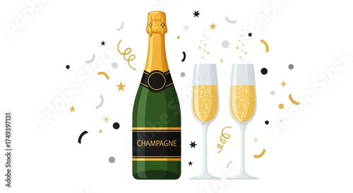 Champagne bottle and glasses with confetti, celebration and special event