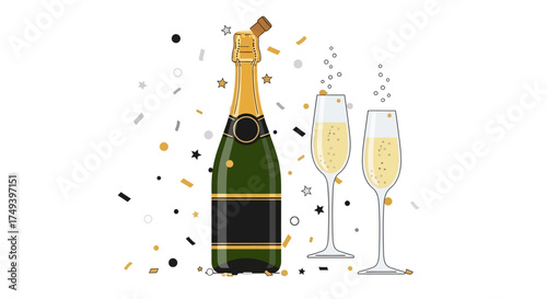 Champagne bottle with two clinking glasses and confetti for celebration