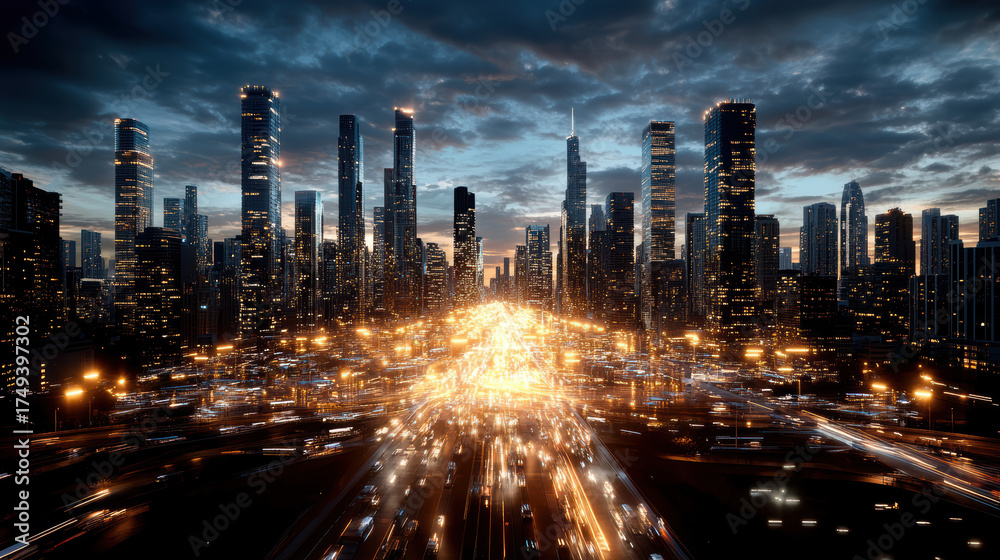 Fototapeta premium Futuristic city skyline illuminated at night with vibrant lights and busy traffic