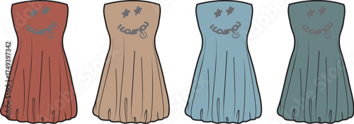 Colorful collection of casual sleeveless dresses with a cheerful, distorted smiley face emblem. Modern fashion apparel concept