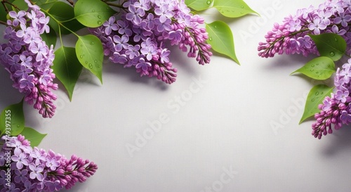 Beautiful purple lilac flowers blooming frame with green leaves against a soft backdrop