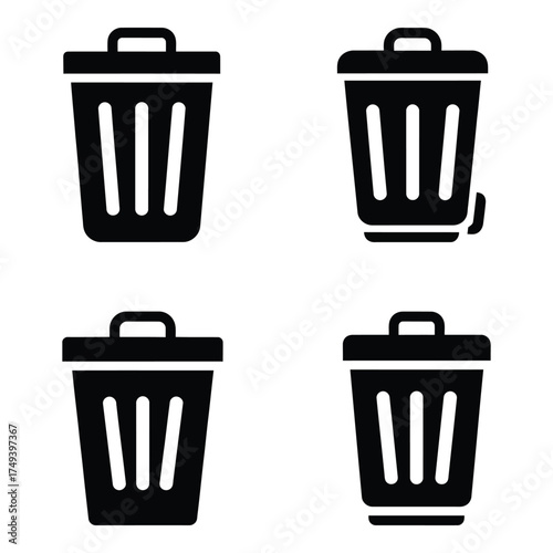 Set of four simple black silhouette trash can icons for digital design and cleanup applications silhouette