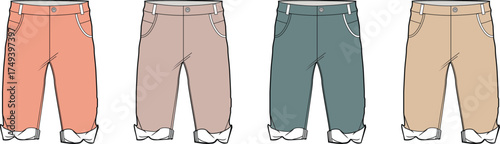 A colorful collection of cozy, fleece-lined children's winter trousers with rolled cuffs, presented as a technical fashion flat sketch vector set for apparel design