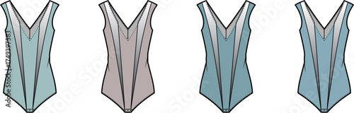 Vector template of women's athletic one-piece swimsuits in multiple colorways, showcasing a modern swimwear collection design