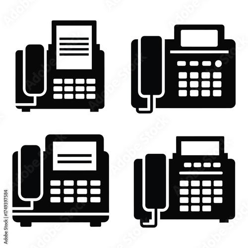 Four silhouette icons of fax machines presenting different angles and designs for communication and office technology silhouette