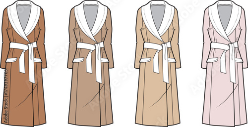 Set of elegant women's wrap coats with tie belts and shawl collars. Fashion design template vector illustration collection in various colors