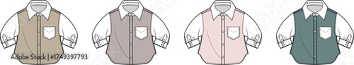 Collection of fashion flat technical sketches featuring a casual collared vest over a white shirt, presented in four different colorways for apparel design