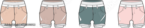 Fashion flat illustration featuring a set of four comfortable women's casual shorts in various pastel shades, showcasing elastic waists and cuffed hemlines, ideal for apparel design and style concepts