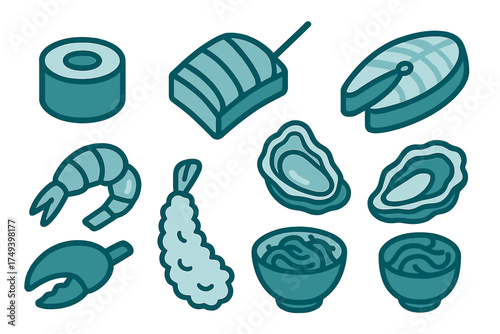 Japanese seafood and cuisine icons including sushi, salmon, shrimp, and tempura