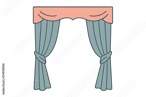Classic interior window treatment featuring draped curtains and a decorative cornice box