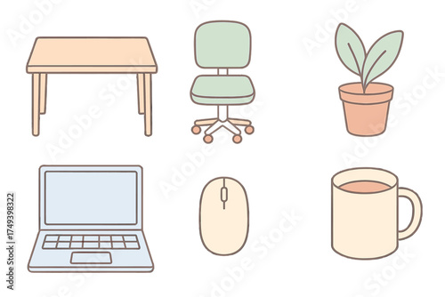 Essential remote workspace objects set featuring desk chair laptop mouse and plant