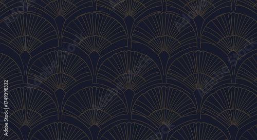 Dark blue background with repeating golden Art Deco fan pattern
