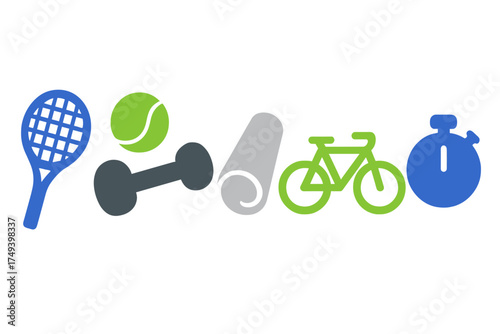 Colorful collection of sports and fitness equipment icons: dumbbell, yoga mat, bicycle, tennis racket, stopwatch