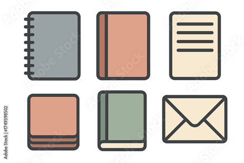 Collection of six minimal stationery and office supply icons in muted colors