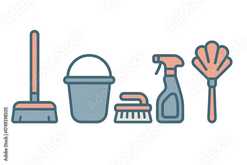 Collection of essential household cleaning supplies including broom bucket and spray bottle