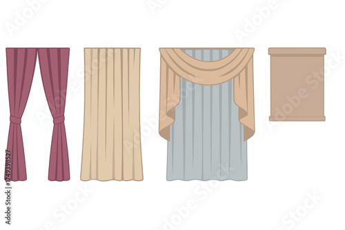 Collection of various home window curtains, drapes, and roller shades