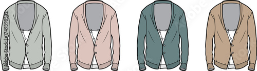 Set of four illustrated cardigans in different colors with a relaxed fit, showcasing various fabric textures and open-front designs