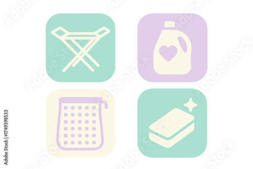 Set of laundry and cleaning symbols including detergent, drying rack, hamper, and soap bar