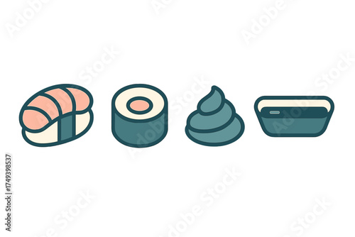 Stylized Japanese food set with nigiri sushi, maki roll, wasabi, and soy sauce