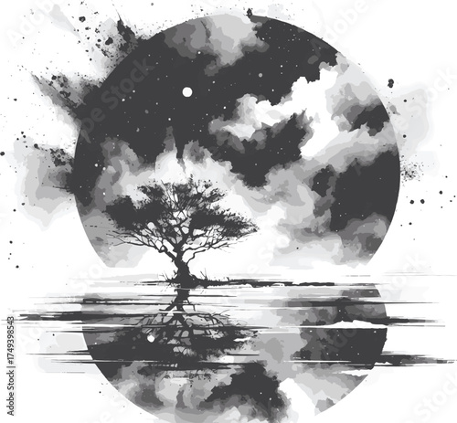  A stark black-and-white scene features a lone tree on a small shoreline, reflected in still water inside a circular frame, surrounded by ink splashes and clouds for a striking