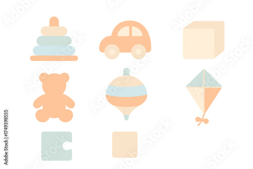 Cute pastel collection of baby toys including teddy bear, stacking rings, toy car, and building blocks