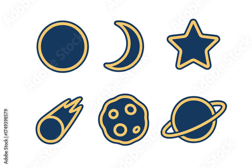 Stylized collection of celestial symbols including sun, moon, star, comet, asteroid, and ringed planet