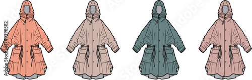 Collection of stylish and practical women's hooded rain jackets in a range of muted pastel colors, perfect for casual wear and transitional weather fashion apparel