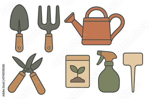 Essential gardening tools and equipment set including trowel, fork, watering can, and shears
